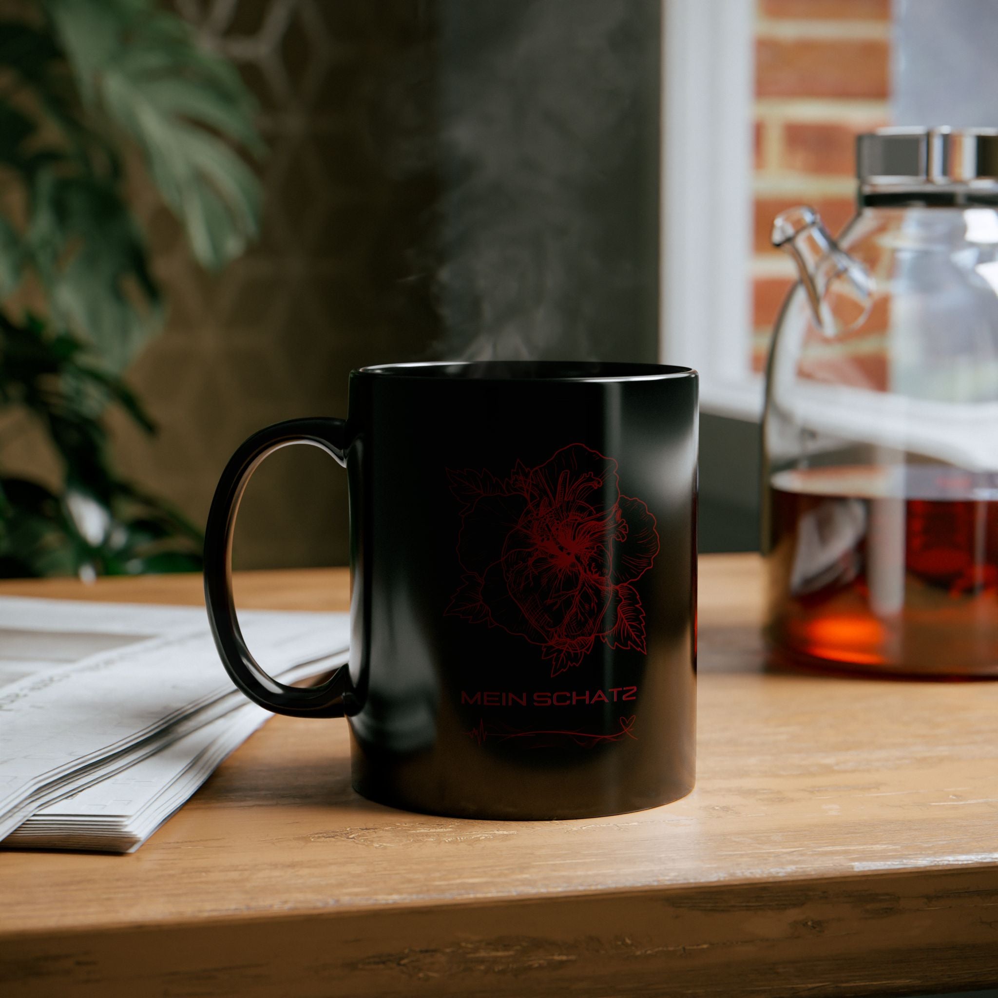 Black Heart & Rose Mug — "Mein Schatz" Gothic Coffee Cup (11oz/15oz)