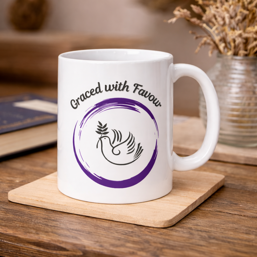 Graceful Surrender Ceramic Mug — Inspirational Coffee Mug with Purple Circle Design (11oz & 15oz)