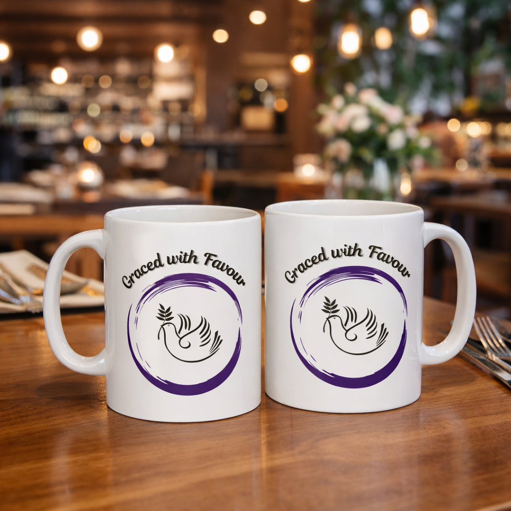 Graceful Surrender Ceramic Mug — Inspirational Coffee Mug with Purple Circle Design (11oz & 15oz)