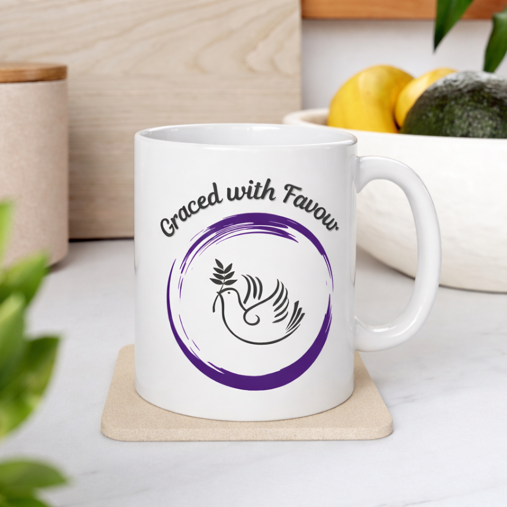 Graceful Surrender Ceramic Mug — Inspirational Coffee Mug with Purple Circle Design (11oz & 15oz)