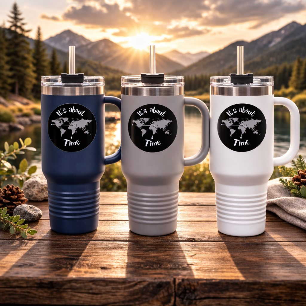 40oz Insulated Travel Mug – “It's About Time” World Map Stainless Tumbler