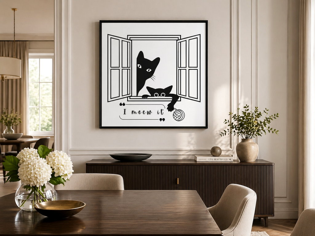 I Meew It Cat Illustration Matte Canvas, Framed Wall Art | Black Cat Window