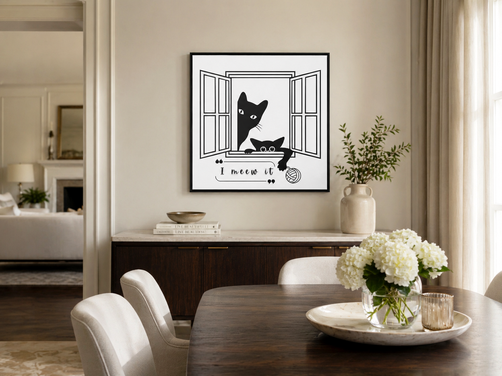 I Meew It Cat Illustration Matte Canvas, Framed Wall Art | Black Cat Window
