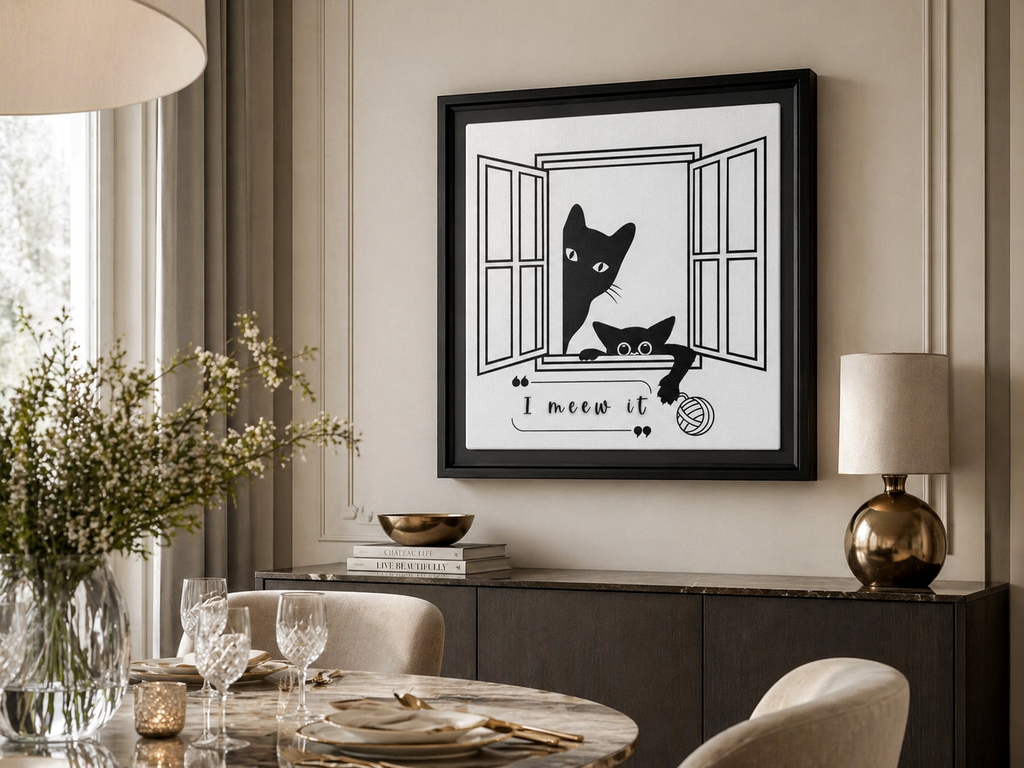 I Meew It Cat Illustration Matte Canvas, Framed Wall Art | Black Cat Window